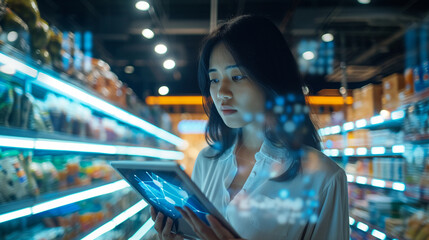 Wall Mural - A focused woman in a bright store, holding a tablet with various data points and analytics, surrounded by goods, close-up