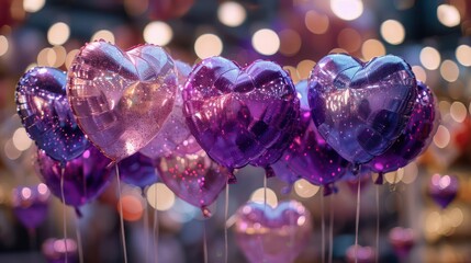Aufkleber - A bunch of purple and pink balloons with hearts on them. The balloons are hanging from a string and are all different sizes. Scene is festive and joyful