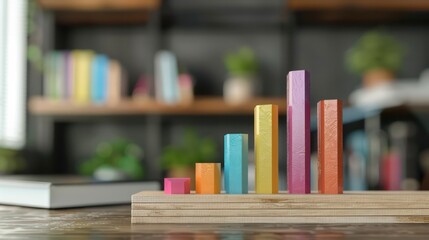Fototapete - A colorful stack of blocks with a green one on top and a red one on the bottom. The blocks are arranged in a way that they look like a graph. Concept of progress and growth