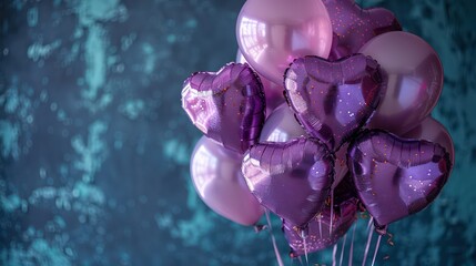 Wall Mural - A bunch of purple balloons with hearts on them. The balloons are arranged in a way that they look like they are hugging each other. Scene is one of love and affection