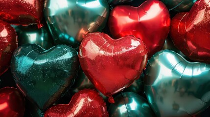 Poster - A bunch of hearts made of foil and glitter. The hearts are red and green. The hearts are arranged in a way that they look like they are hugging each other