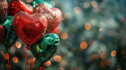 Poster - A bunch of red and green balloons with hearts on them. The balloons are hanging from a tree