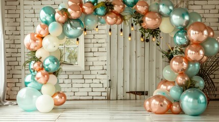 Poster - A large archway made of balloons is decorated with green and white balloons. The archway is made of many different colored balloons, including gold, silver, and blue