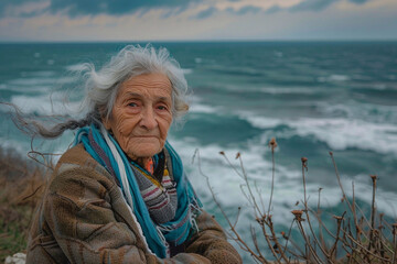 An elderly woman gracefully posing with a serene sea in the background, capturing the beauty of nature and the wisdom of age. The tranquil ocean waves and the clear sky create a perfect backdrop for t