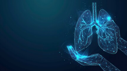 Two human hands are holds human lungs. Support healthy lung concept. Wireframe glowing low poly design on dark blue background. Generative AI