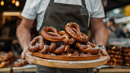 Wall Mural - Vendor clad in apron presents a wooden tray brimming with traditional German pretzels, dusted with sugar, invoking the cozy ambiance of festive market. Generative AI