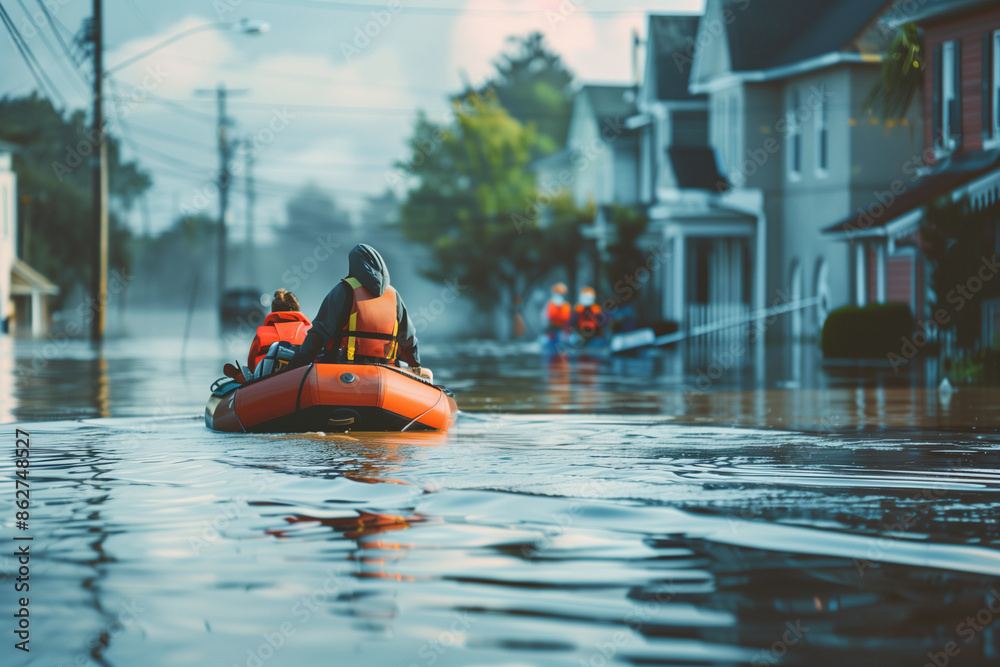 scene of emergency rescue teams assisting flood victims, with boats ...