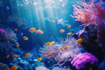 Wall Mural - vibrant underwater coral reef teeming with exotic fish bioluminescent creatures and swaying sea anemones bathed in ethereal blue light filtering from above
