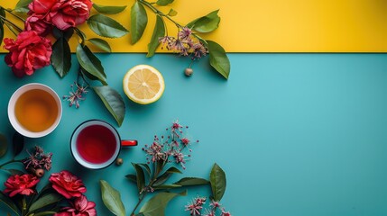 Aufkleber - A colorful background with a cup of tea and a lemon on it. The background is blue and yellow