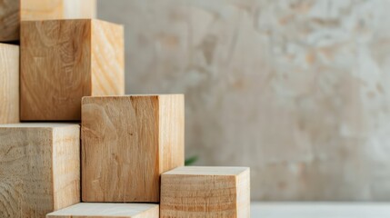 Aufkleber - A stack of wooden blocks with a green leaf in the middle. The blocks are arranged in a pyramid shape, with the top block being the smallest. Concept of stability and balance
