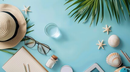 Fototapete - A beach scene with a hat, glasses, a cup, and a shell. Concept of relaxation and leisure, as it is a typical beach setting