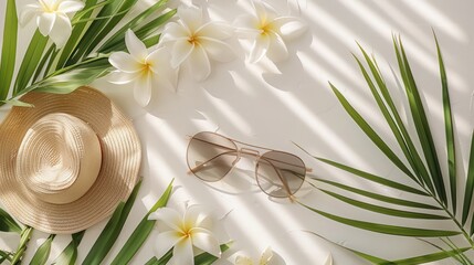 Fototapete - A hat and sunglasses are on a table next to a bunch of flowers. The scene is bright and sunny, with the hat and sunglasses suggesting that the person wearing them is ready for a day outdoors