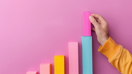 Fototapete - A person is holding a block of wood and placing it on top of another block of wood. The blocks are arranged in a way that they form a staircase. Concept of progress and growth