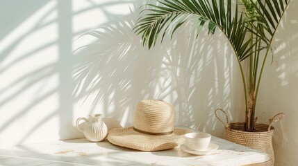 Fototapete - A white table with a hat, a cup, and a vase