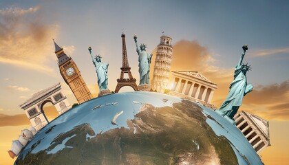 Global travel concept with landmarks from around the world.