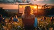 © visoot - People watching movie outdoor at sunset. Generative AI.