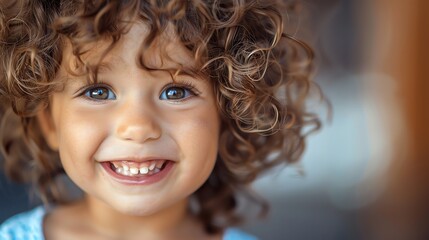 Wall Mural - A young girl with curly hair and big blue eyes smiles.