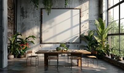 Industrial dining room with a blank frame on the wall
