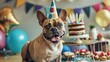 © pinporn manosri - A smiling dog at a birthday party, wearing a party hat and sitting next to a table with a dog-friendly cake and decorations