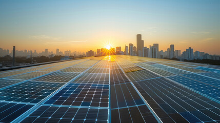 Wall Mural - Solar panels sprawling across a rooftop, with the city skyline in the background under a clear sky, the sun shining brightly as a symbol of sustainable energy powering the urban landscape.