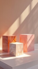 Poster - Warm Sunset Light Casting Shadows on Elegant Marble Blocks in Minimalist Setting