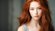 © ALA - Portrait of a beautiful, sexy, smiling Asian woman with long red hair and perfect skin, gray background, banner.