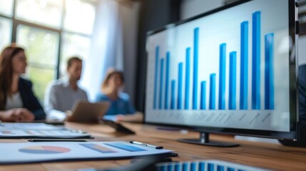 Aufkleber - A businessperson presenting a bar graph on a projector screen during a corporate meeting in a modern conference room