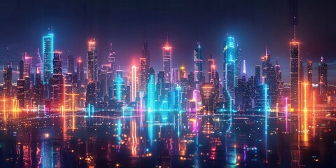 Exploring a futuristic cityscape with neon lights against a black background, showcasing sleek modern architecture and cutting-edge technology.