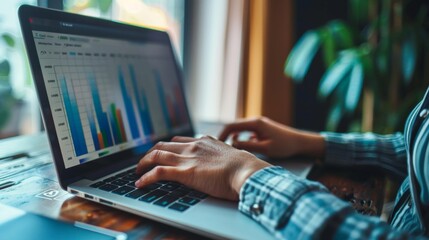 Aufkleber - A close-up of a bar graph on a laptop, with a person's hands typing and analyzing the data.