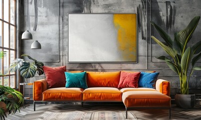 bright living room with a blank canvas on the wall