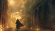 © VRAYVENUS - A cloaked figure stood in an ancient library, staring at a giant glowing orb hanging in a grand ancient library, surrounded by ancient bookshelves