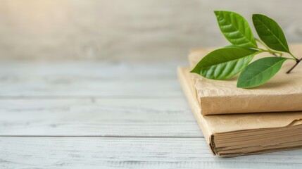Aufkleber - A book with a leaf on top of it. Concept of nature and simplicity
