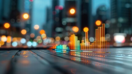 Poster - A city skyline with a series of colorful bars that represent data. The bars are arranged in a way that they appear to be rising and falling, creating a sense of movement and energy