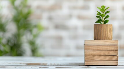 Poster - A potted plant sits on top of a stack of books. Concept of growth and progress, as the plant represents new life and the books symbolize knowledge and learning