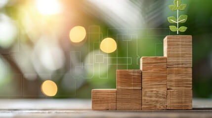 Aufkleber - A wooden block with a green leaf on top of it. The blocks are stacked on top of each other, creating a staircase. Concept of growth and progress, as the leaf represents new life