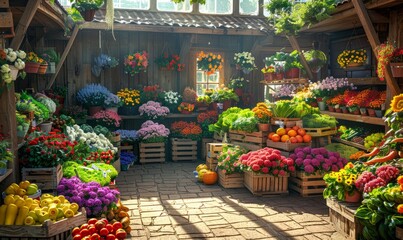 A colorful summer market with fresh flowers and produce