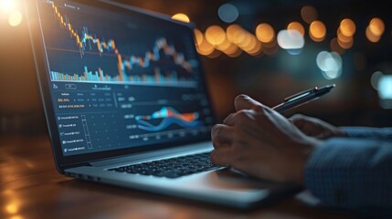 Aufkleber - A close-up of a gold price graph on a laptop screen, with a businessperson taking notes.