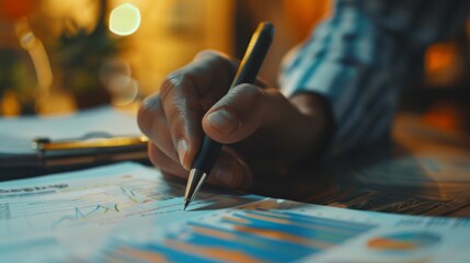 Poster - A close-up of a hand holding a pen, pointing at a financial graph on a printed report during a meeting.