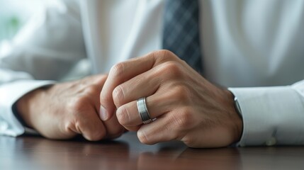 Wall Mural - Closeup of hands resting on a table, with a man wearing a silver ring and a tie. Conceptual image illustrating contemplation, decision making or business. Office style. Ideal for business purposes. AI