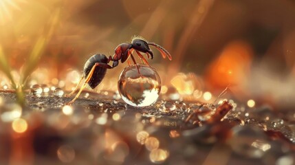 Wall Mural - A close-up of an ant drinking water from a droplet, capturing a rare moment of their everyday life.