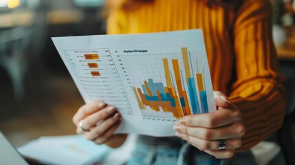 Poster - a close-up of hands holding a printed report with bar graphs and discussing financial strategies.
