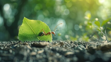 Poster - A close-up shot of a single ant carrying a leaf, showcasing its strength and determination on a forest floor