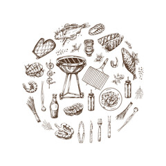 Wall Mural - A set of hand-drawn sketches of barbecue and picnic elements, barbecue grill, tools, grilled fish, fish steaks. Template. Doodle vintage illustration.