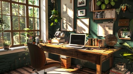 Aufkleber - A cozy home office with a wooden desk, comfortable chair, and a laptop surrounded by books and inspirational decor.
