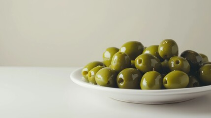Wall Mural - Green olives presented on a dish against a plain white backdrop