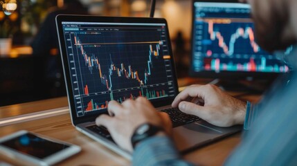 Poster - A financial advisor explaining a graph to a client, using a laptop to illustrate market trends and predictions.