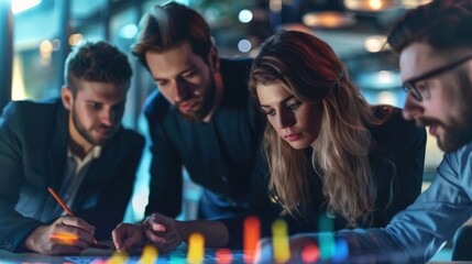 Poster - A group of colleagues huddled around a table, examining financial graphs and discussing investment opportunities.