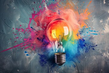 Light bulb illuminates colorful splashes on a grey background, symbolizing a creative idea concept