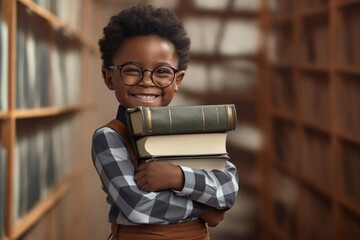 Wall Mural - School little boy with glasses hug a book smiling smile child.