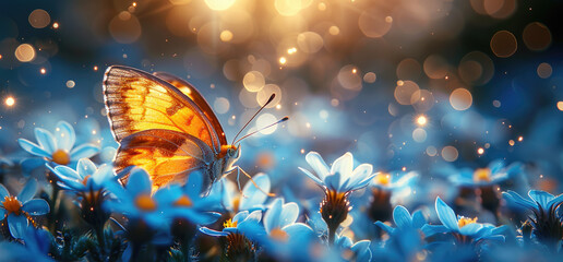 Wall Mural - Blue flowers and butterfly. Created with Ai
